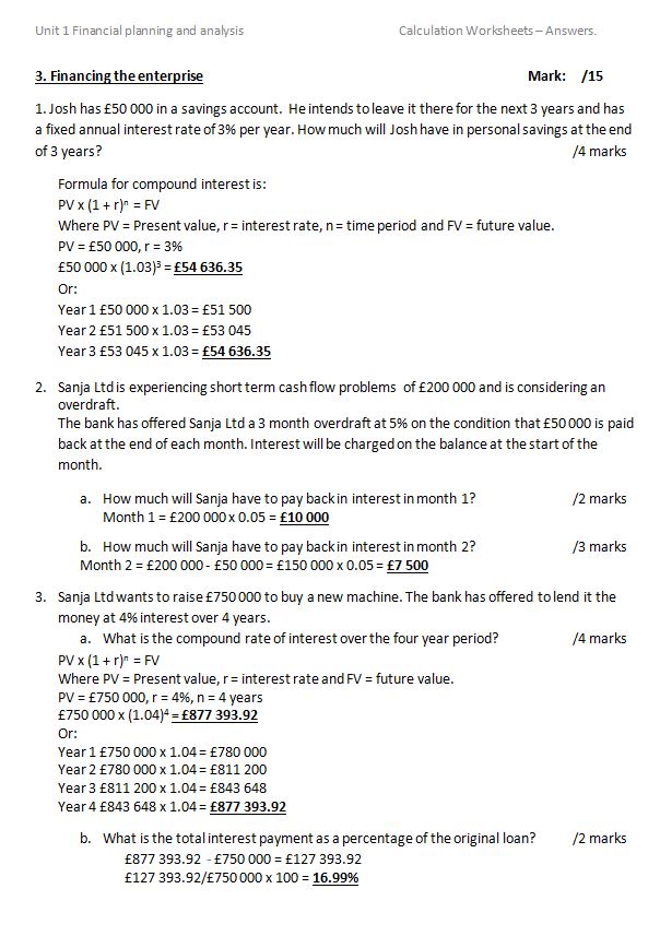 AQA Applied General Business Unit 1 Financial Planning & Analysis Calculation Worksheets